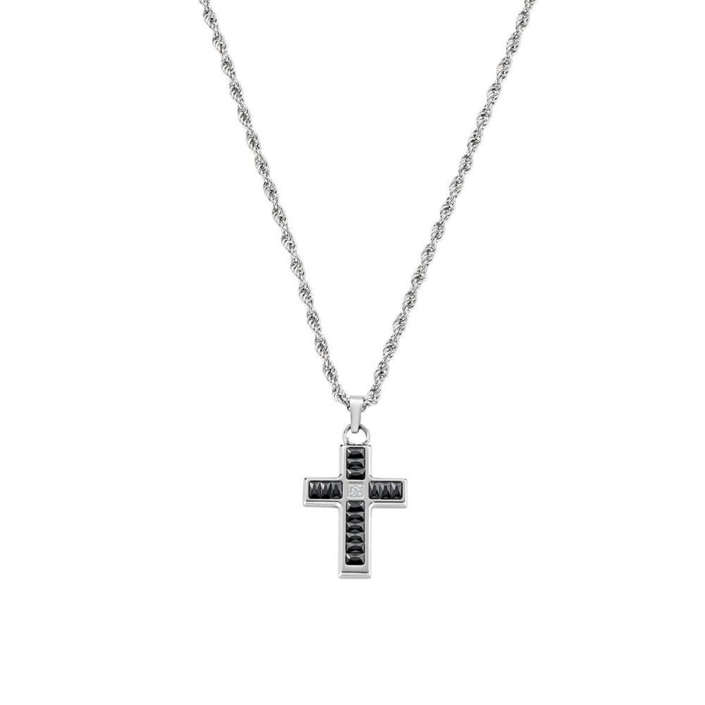 Collana Acciaio Croce Con Zirconi Neri Baguette - Amen