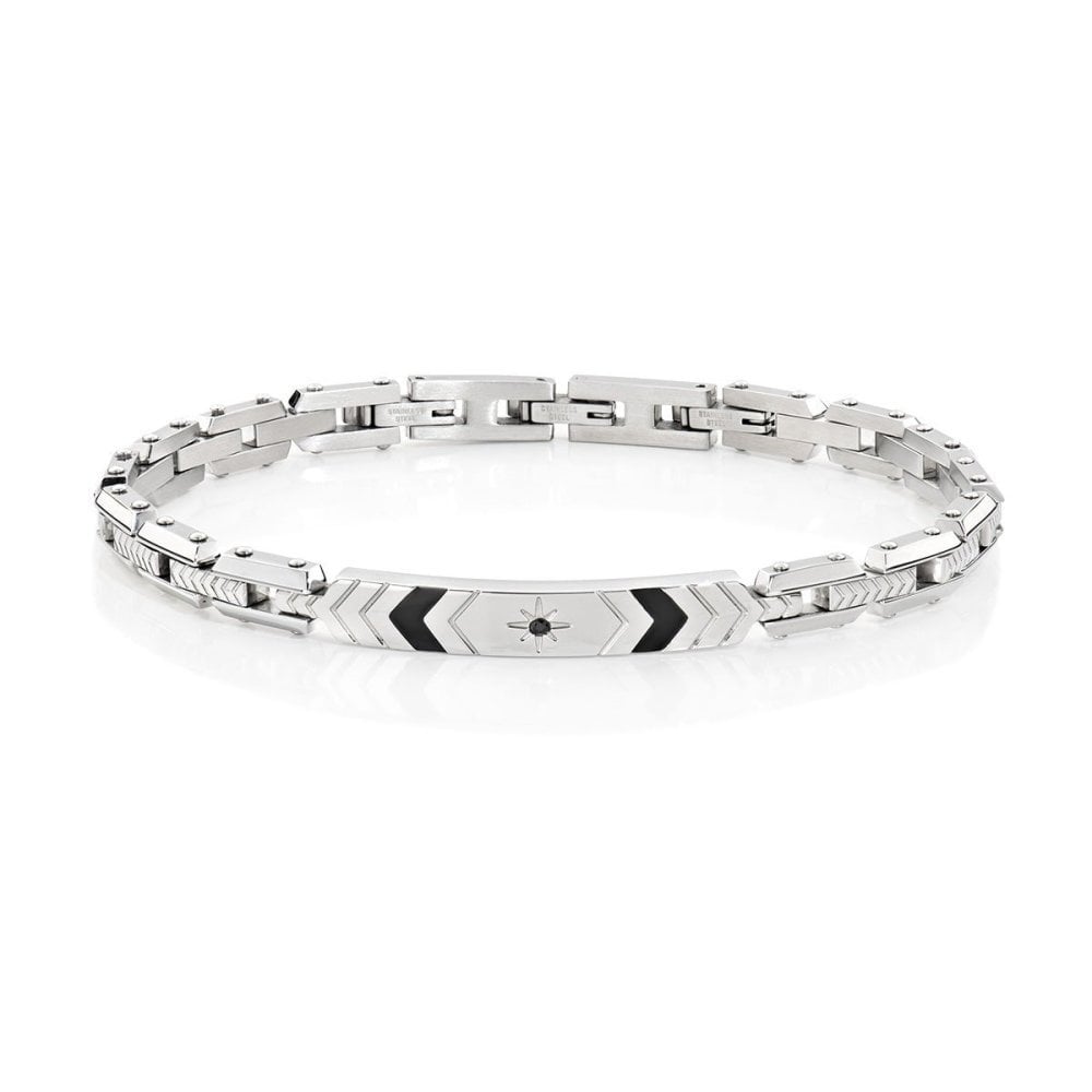 Bracciale Acciaio Maglie Zigrinate Con Zircone Nero - Amen