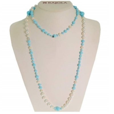 Rajola - Collana Oro 120Cm - Perle Bianche - Turchese