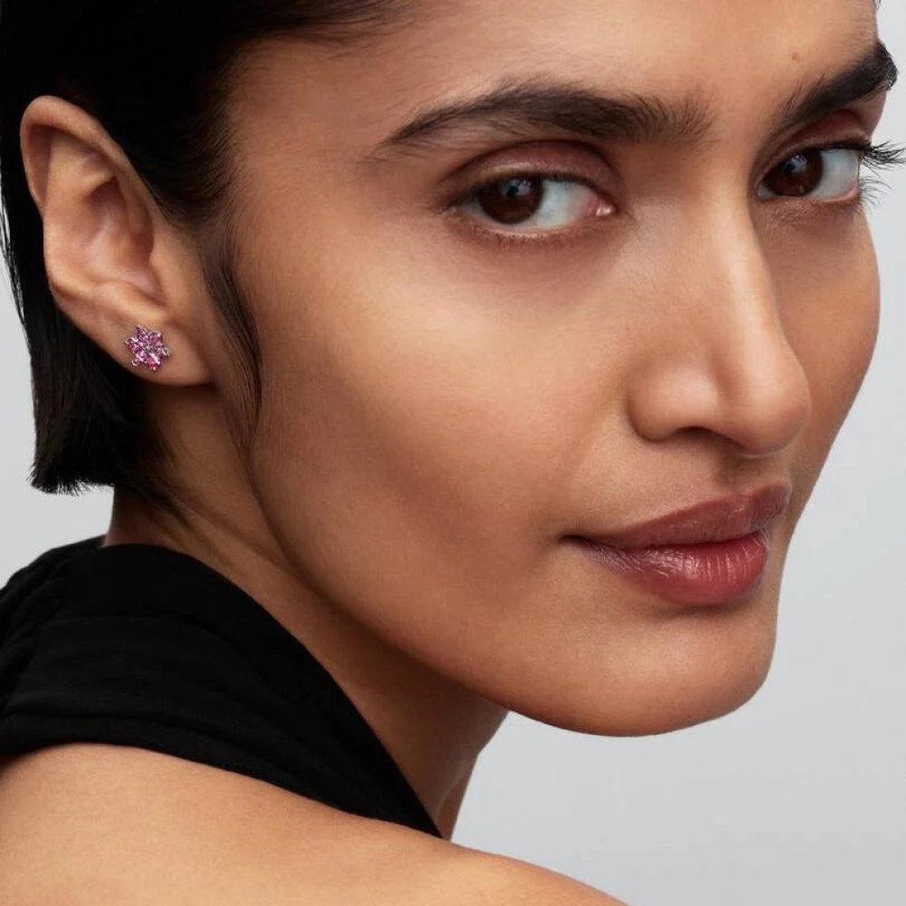 Orecchini a Bottone Fiore Rosa Scintillante Herbarium