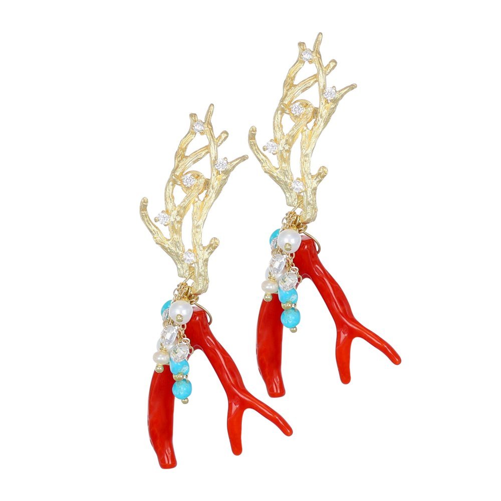 Orecchini Pendenti In Argento Dorato Con Corallo Naturale - Nivy