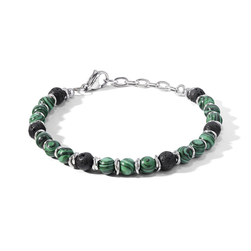 Bracciale In Acciaio Con Malachite E Pietra Lavica - Comete Gioielli